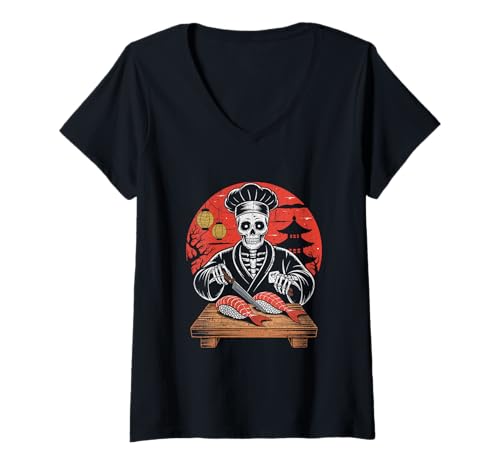 Damen Skelett Sushi Chef Schneiden Lachs Halloween T-Shirt mit V-Ausschnitt Damen Skelett Sushi Chef Schneiden Lachs Halloween T-Shirt mit V-Ausschnitt von Haunted Kitchen Co