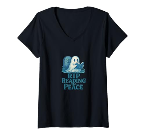 Damen Lustiges Geister-Lesen in Frieden, RIP gruseliges Buch-Design T-Shirt mit V-Ausschnitt von Haunted Library Emporium