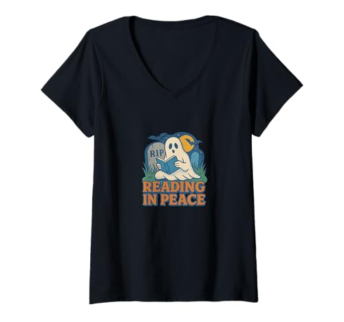 Damen Lustiges Geister-Lesen in Frieden, RIP gruseliges Buch-Design T-Shirt mit V-Ausschnitt Damen Lustiges Geister-Lesen in Frieden, RIP gruseliges Buch-Design T-Shirt mit V-Ausschnitt von Haunted Library Emporiums