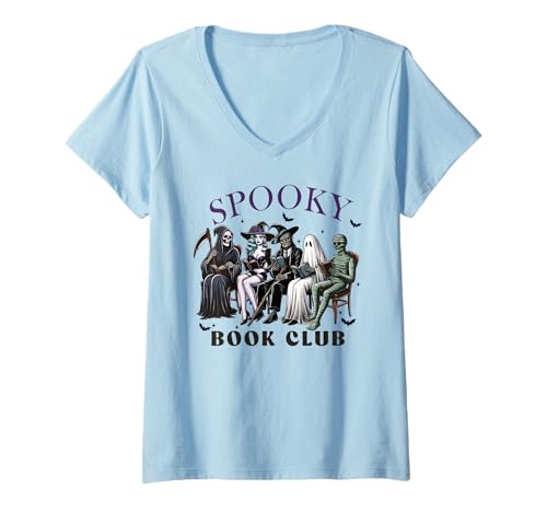 Damen Gruseliges Halloween Buch Club Leseskelett Hexe Geist T-Shirt mit V-Ausschnitt Damen Gruseliges Halloween Buch Club Leseskelett Hexe Geist T-Shirt mit V-Ausschnitt von Haunted Library Skeletons Reading Squad Apparel