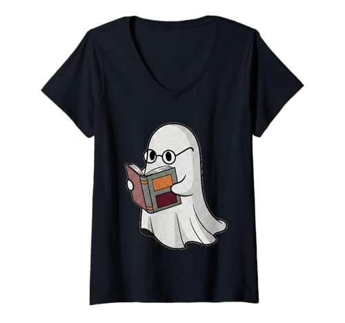 Damen Bookish Ghost Sweatshirt Spooky Book Club mit Rundhalsausschnitt T-Shirt mit V-Ausschnitt von Haunted Library Supply Co.