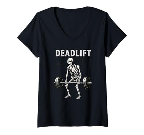 Damen Kreuzheben Skelett Halloween Workout Gym Fitness Powerlifting T-Shirt mit V-Ausschnitt Damen Kreuzheben Skelett Halloween Workout Gym Fitness Powerlifting T-Shirt mit V-Ausschnitt von Haunted Muscle Apparel Co.