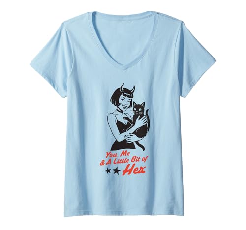 Damen Du, ich und EIN bisschen Hex, Retro-Hexenkatze, Halloween T-Shirt mit V-Ausschnitt Damen Du, ich und EIN bisschen Hex, Retro-Hexenkatze, Halloween T-Shirt mit V-Ausschnitt von Haunted Pinup Retro Horror Witchy Apparel Co