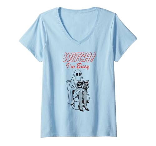 Damen Lustiges Halloween Geist Shirt Witch I'm Busy Gruselige Jahreszeit T-Shirt mit V-Ausschnitt Damen Lustiges Halloween Geist Shirt Witch I'm Busy Gruselige Jahreszeit T-Shirt mit V-Ausschnitt von Haunted Pinup Retro Horror Witchy Apparel Co