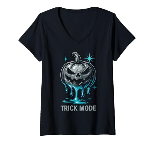 Damen Trickmodus Halloween Kürbis T-Shirt mit V-Ausschnitt Damen Trickmodus Halloween Kürbis T-Shirt mit V-Ausschnitt von Haunted Pixel Designs