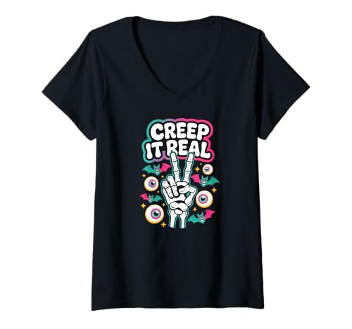 Damen Creep It Real Halloween Skelett Hand Peace Zeichen T-Shirt mit V-Ausschnitt Damen Creep It Real Halloween Skelett Hand Peace Zeichen T-Shirt mit V-Ausschnitt von Haunted Pop Art Apparel Gifts by Anastasia