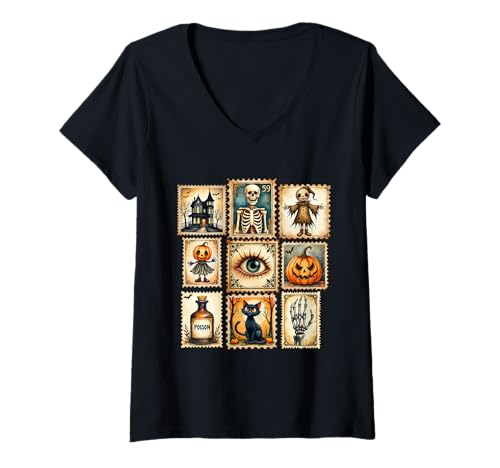 Damen Vintage Katze Kürbis Halloween Porto Stempel Gitter T-Shirt mit V-Ausschnitt Damen Vintage Katze Kürbis Halloween Porto Stempel Gitter T-Shirt mit V-Ausschnitt von Haunted Postage Stamp Art Co