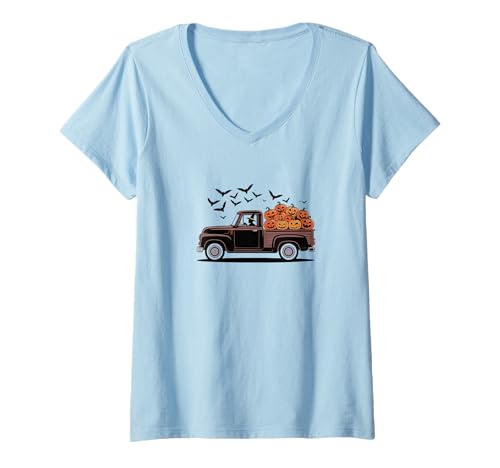 Damen Vintage Truck Halloween Design Hexe, Kürbisse & Fledermäuse T-Shirt mit V-Ausschnitt von Haunted Pumpkin Co.