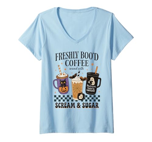 Damen Freshly Boo'd Coffee Halloween Shirt Funny Ghost Cat Fledermaus Tasse T-Shirt mit V-Ausschnitt von Haunted Roast Halloween Humor Tee Collection
