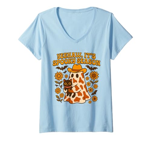 Damen Yeehaw It's Spooky Season Cow Print Ghost Halloween T-Shirt mit V-Ausschnitt Damen Yeehaw It's Spooky Season Cow Print Ghost Halloween T-Shirt mit V-Ausschnitt von Haunted Rodeo Collective