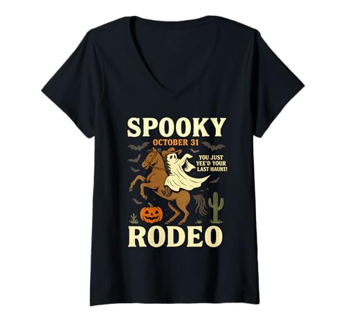 Damen Gruseliges Rodeo Cowboy Ghost Halloween Pferd Reiten Design T-Shirt mit V-Ausschnitt Damen Gruseliges Rodeo Cowboy Ghost Halloween Pferd Reiten Design T-Shirt mit V-Ausschnitt von Haunted Rodeo Western Wear