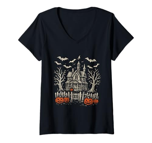 Damen Vintage Spukhaus Gruselhaus Halloween Gruseliger Kürbis T-Shirt mit V-Ausschnitt Damen Vintage Spukhaus Gruselhaus Halloween Gruseliger Kürbis T-Shirt mit V-Ausschnitt von Haunted Rustic House Pumpkin Bats Folk Art Apparel