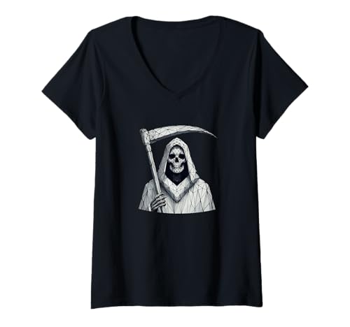 Damen Geometric Art Sensenmann Halloween Geist Tod T-Shirt mit V-Ausschnitt Damen Geometric Art Sensenmann Halloween Geist Tod T-Shirt mit V-Ausschnitt von Haunted Spooky Halloween Gifts