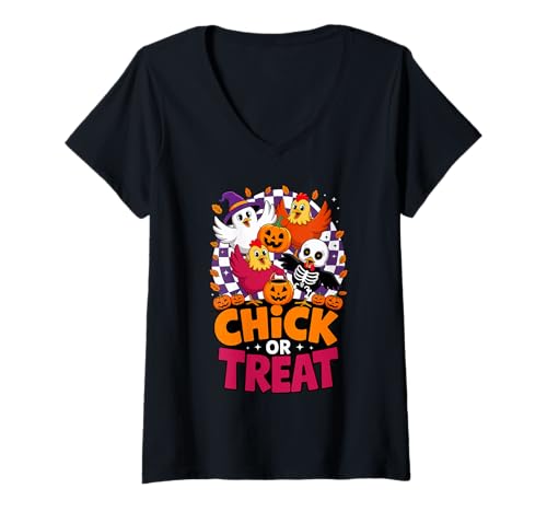 Damen Halloween Chick Or Treat Huhn Geist T-Shirt mit V-Ausschnitt Damen Halloween Chick Or Treat Huhn Geist T-Shirt mit V-Ausschnitt von Haunted Spooky Halloween Gifts