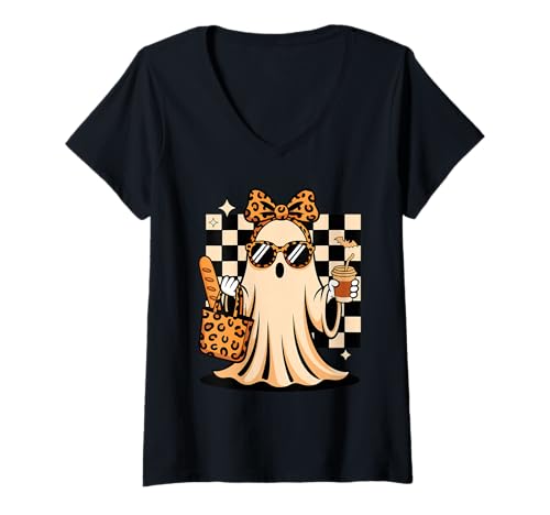 Damen Halloween Frecher Geist Leopard Bandana Kaffee T-Shirt mit V-Ausschnitt Damen Halloween Frecher Geist Leopard Bandana Kaffee T-Shirt mit V-Ausschnitt von Haunted Spooky Halloween Gifts