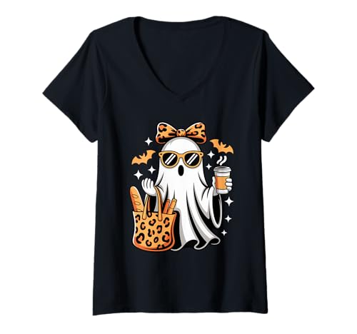 Damen Halloween Frecher Geist Leopard Bandana Kaffee T-Shirt mit V-Ausschnitt Damen Halloween Frecher Geist Leopard Bandana Kaffee T-Shirt mit V-Ausschnitt von Haunted Spooky Halloween Gifts