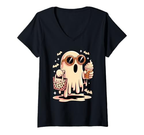Damen Halloween Frecher Geist Leopard Sonnenbrille Eiscreme T-Shirt mit V-Ausschnitt Damen Halloween Frecher Geist Leopard Sonnenbrille Eiscreme T-Shirt mit V-Ausschnitt von Haunted Spooky Halloween Gifts