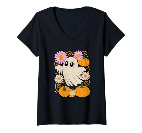 Damen Halloween Geist Kürbis Gruselige Saison Blumen T-Shirt mit V-Ausschnitt Damen Halloween Geist Kürbis Gruselige Saison Blumen T-Shirt mit V-Ausschnitt von Haunted Spooky Halloween Gifts