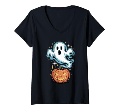 Damen Halloween Geist Kürbis Gruselige Saison T-Shirt mit V-Ausschnitt Damen Halloween Geist Kürbis Gruselige Saison T-Shirt mit V-Ausschnitt von Haunted Spooky Halloween Gifts