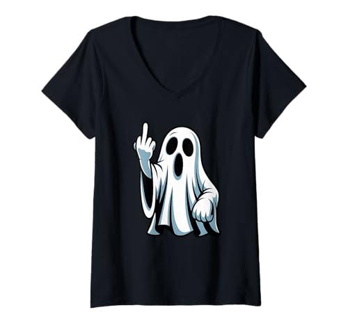 Damen Halloween Geist Mittelfinger T-Shirt mit V-Ausschnitt Damen Halloween Geist Mittelfinger T-Shirt mit V-Ausschnitt von Haunted Spooky Halloween Gifts