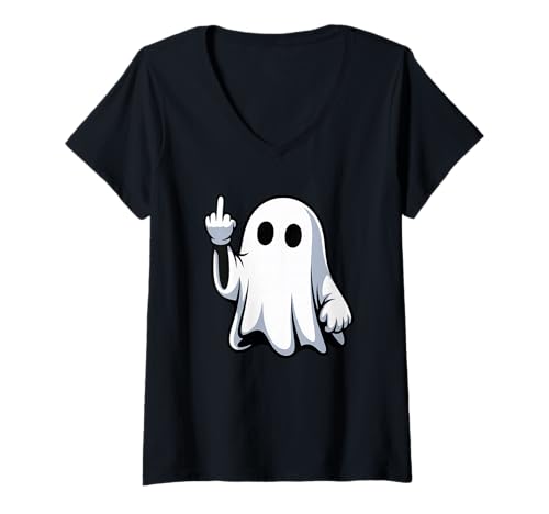 Damen Halloween Geist Mittelfinger T-Shirt mit V-Ausschnitt Damen Halloween Geist Mittelfinger T-Shirt mit V-Ausschnitt von Haunted Spooky Halloween Gifts