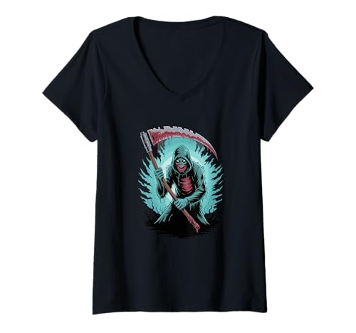 Damen Halloween Geist Sensenmann Tod T-Shirt mit V-Ausschnitt Damen Halloween Geist Sensenmann Tod T-Shirt mit V-Ausschnitt von Haunted Spooky Halloween Gifts