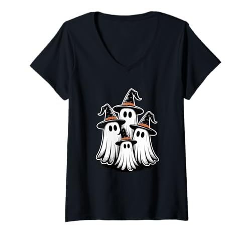 Damen Halloween Geister Hexe Geist T-Shirt mit V-Ausschnitt Damen Halloween Geister Hexe Geist T-Shirt mit V-Ausschnitt von Haunted Spooky Halloween Gifts