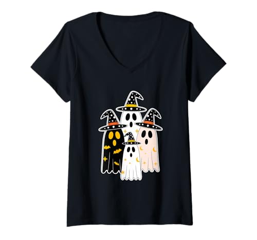 Damen Halloween Geister Hexe Geist T-Shirt mit V-Ausschnitt Damen Halloween Geister Hexe Geist T-Shirt mit V-Ausschnitt von Haunted Spooky Halloween Gifts