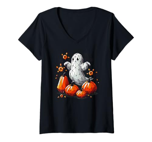 Damen Halloween Geometric Art Geist Kürbisse T-Shirt mit V-Ausschnitt Damen Halloween Geometric Art Geist Kürbisse T-Shirt mit V-Ausschnitt von Haunted Spooky Halloween Gifts