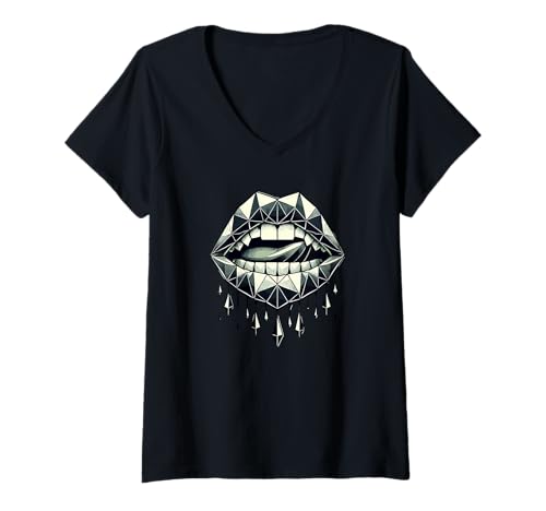 Damen Halloween Geometric Art Lippen Vampir Reißzähne T-Shirt mit V-Ausschnitt Damen Halloween Geometric Art Lippen Vampir Reißzähne T-Shirt mit V-Ausschnitt von Haunted Spooky Halloween Gifts