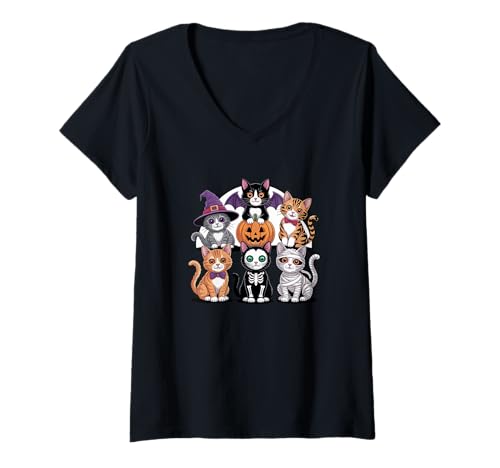 Damen Halloween Hauskatze Kurzhaar Mischlingskatze T-Shirt mit V-Ausschnitt Damen Halloween Hauskatze Kurzhaar Mischlingskatze T-Shirt mit V-Ausschnitt von Haunted Spooky Halloween Gifts
