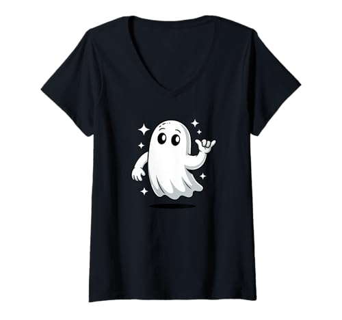 Damen Halloween Kawaii Geist Rock and Roll Hand T-Shirt mit V-Ausschnitt Damen Halloween Kawaii Geist Rock and Roll Hand T-Shirt mit V-Ausschnitt von Haunted Spooky Halloween Gifts