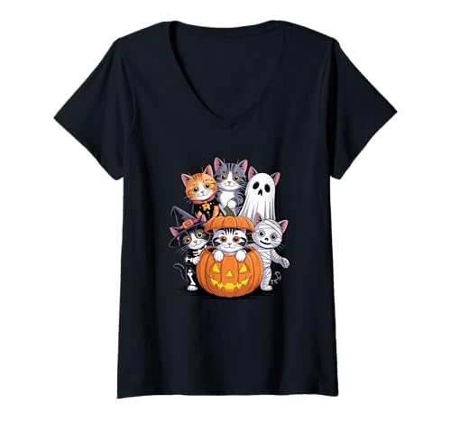 Damen Halloween Kürbis Hauskatze Kurzhaar Mischlingskatze T-Shirt mit V-Ausschnitt Damen Halloween Kürbis Hauskatze Kurzhaar Mischlingskatze T-Shirt mit V-Ausschnitt von Haunted Spooky Halloween Gifts