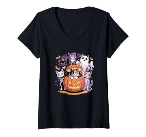 Damen Halloween Kürbis Hauskatze Kurzhaar Mischlingskatze T-Shirt mit V-Ausschnitt Damen Halloween Kürbis Hauskatze Kurzhaar Mischlingskatze T-Shirt mit V-Ausschnitt von Haunted Spooky Halloween Gifts