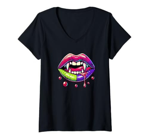 Damen Halloween Paint Art Lippen Vampir Reißzähne T-Shirt mit V-Ausschnitt Damen Halloween Paint Art Lippen Vampir Reißzähne T-Shirt mit V-Ausschnitt von Haunted Spooky Halloween Gifts