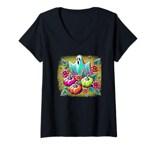 Damen Halloween Pop Art Geist Kürbisse Blumen T-Shirt mit V-Ausschnitt Damen Halloween Pop Art Geist Kürbisse Blumen T-Shirt mit V-Ausschnitt von Haunted Spooky Halloween Gifts