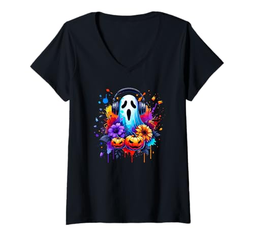 Damen Halloween Splash Art Geist Kopfhörer Kürbisse Blumig T-Shirt mit V-Ausschnitt Damen Halloween Splash Art Geist Kopfhörer Kürbisse Blumig T-Shirt mit V-Ausschnitt von Haunted Spooky Halloween Gifts