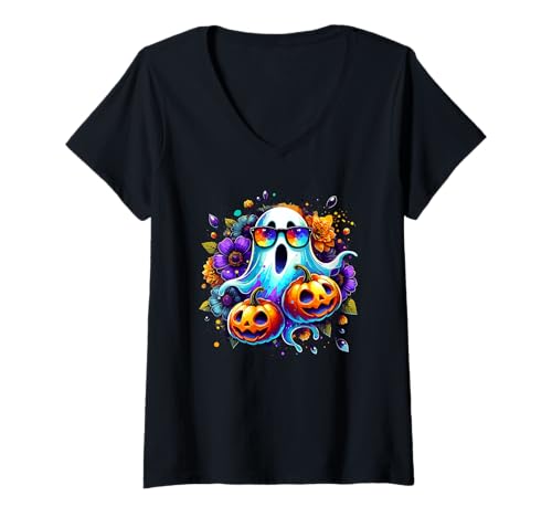 Damen Halloween Splash Art Geist Kürbisse Blumen T-Shirt mit V-Ausschnitt Damen Halloween Splash Art Geist Kürbisse Blumen T-Shirt mit V-Ausschnitt von Haunted Spooky Halloween Gifts