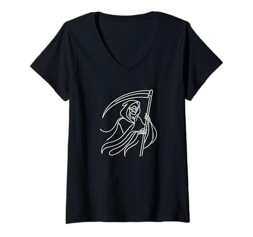 Damen Line Art Sensenmann Halloween Geist Tod T-Shirt mit V-Ausschnitt Damen Line Art Sensenmann Halloween Geist Tod T-Shirt mit V-Ausschnitt von Haunted Spooky Halloween Gifts