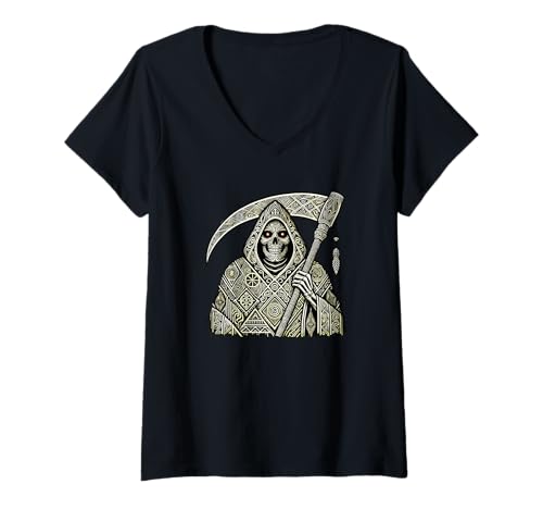Damen Mandala Art Sensenmann Halloween Geist Tod T-Shirt mit V-Ausschnitt Damen Mandala Art Sensenmann Halloween Geist Tod T-Shirt mit V-Ausschnitt von Haunted Spooky Halloween Gifts