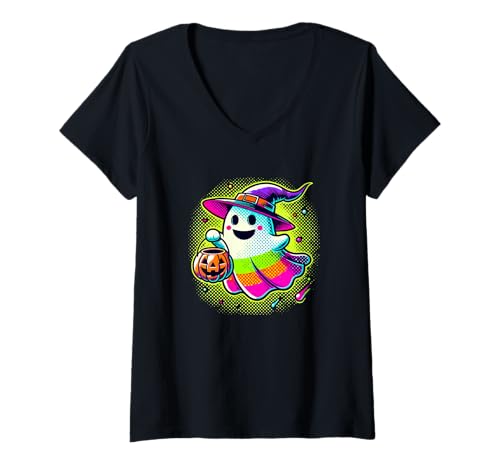 Damen Paint Art Halloween Hexe Geist Süßes Oder Saures T-Shirt mit V-Ausschnitt Damen Paint Art Halloween Hexe Geist Süßes Oder Saures T-Shirt mit V-Ausschnitt von Haunted Spooky Halloween Gifts