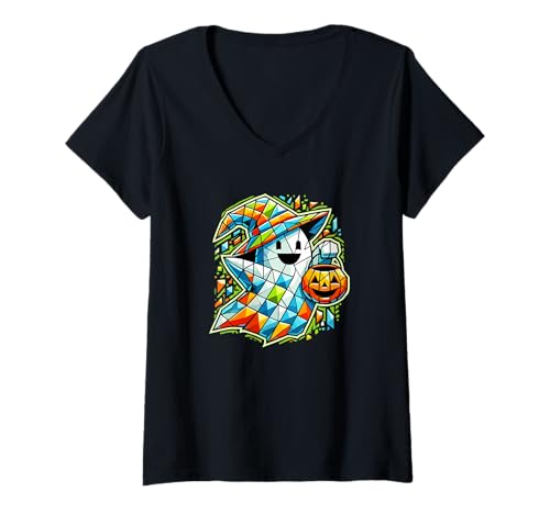 Damen Polygon Art Halloween Hexe Geist Süßes Oder Saures T-Shirt mit V-Ausschnitt Damen Polygon Art Halloween Hexe Geist Süßes Oder Saures T-Shirt mit V-Ausschnitt von Haunted Spooky Halloween Gifts