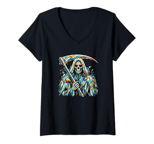 Damen Polygon Art Sensenmann Halloween Tod T-Shirt mit V-Ausschnitt Damen Polygon Art Sensenmann Halloween Tod T-Shirt mit V-Ausschnitt von Haunted Spooky Halloween Gifts