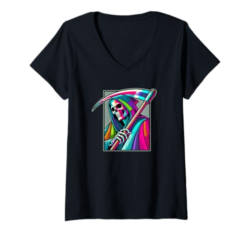 Damen Pop Art Sensenmann Halloween Tod T-Shirt mit V-Ausschnitt Damen Pop Art Sensenmann Halloween Tod T-Shirt mit V-Ausschnitt von Haunted Spooky Halloween Gifts