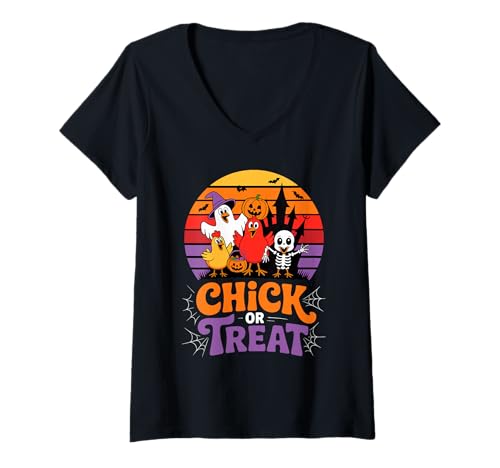 Damen Retro Halloween Chick Or Treat Huhn Geist T-Shirt mit V-Ausschnitt Damen Retro Halloween Chick Or Treat Huhn Geist T-Shirt mit V-Ausschnitt von Haunted Spooky Halloween Gifts