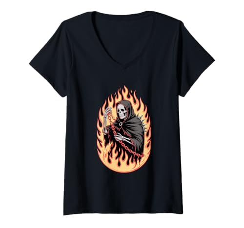 Damen Sensenmann Flammen Halloween Geist Tod T-Shirt mit V-Ausschnitt Damen Sensenmann Flammen Halloween Geist Tod T-Shirt mit V-Ausschnitt von Haunted Spooky Halloween Gifts