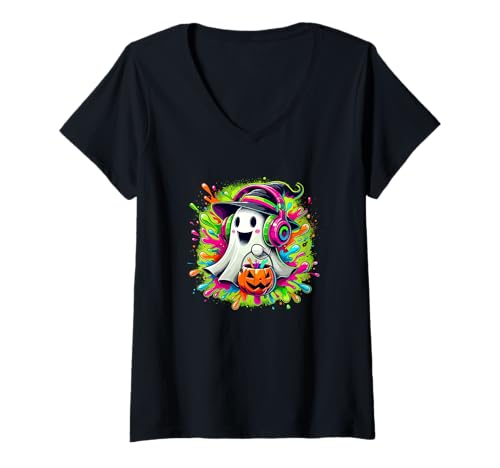 Damen Splash Art Halloween Hexe Geist Süßes Oder Saures T-Shirt mit V-Ausschnitt Damen Splash Art Halloween Hexe Geist Süßes Oder Saures T-Shirt mit V-Ausschnitt von Haunted Spooky Halloween Gifts