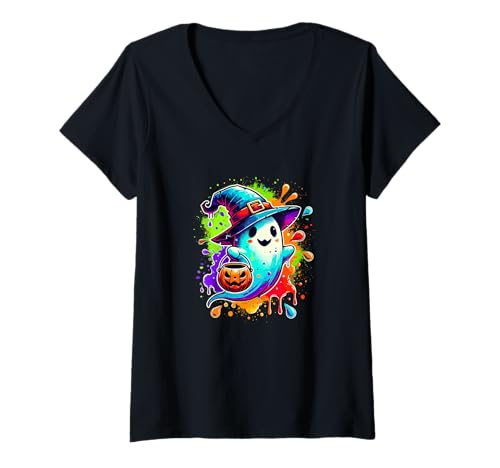 Damen Splash Art Halloween Hexe Geist Süßes Oder Saures T-Shirt mit V-Ausschnitt Damen Splash Art Halloween Hexe Geist Süßes Oder Saures T-Shirt mit V-Ausschnitt von Haunted Spooky Halloween Gifts