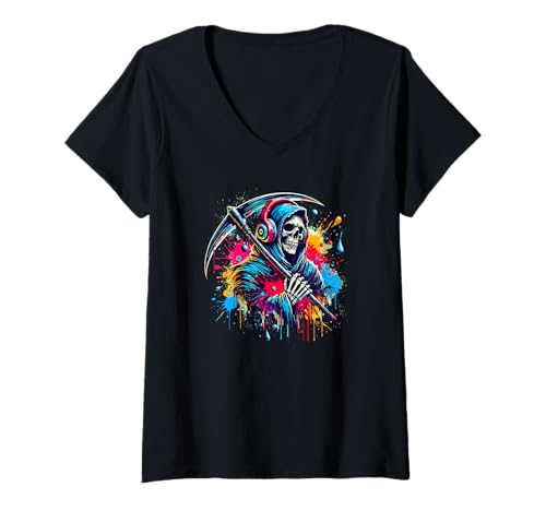 Damen Splash Art Sensenmann Halloween Geist Tod T-Shirt mit V-Ausschnitt Damen Splash Art Sensenmann Halloween Geist Tod T-Shirt mit V-Ausschnitt von Haunted Spooky Halloween Gifts