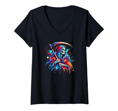 Damen Splash Art Sensenmann Halloween Geist Tod T-Shirt mit V-Ausschnitt Damen Splash Art Sensenmann Halloween Geist Tod T-Shirt mit V-Ausschnitt von Haunted Spooky Halloween Gifts